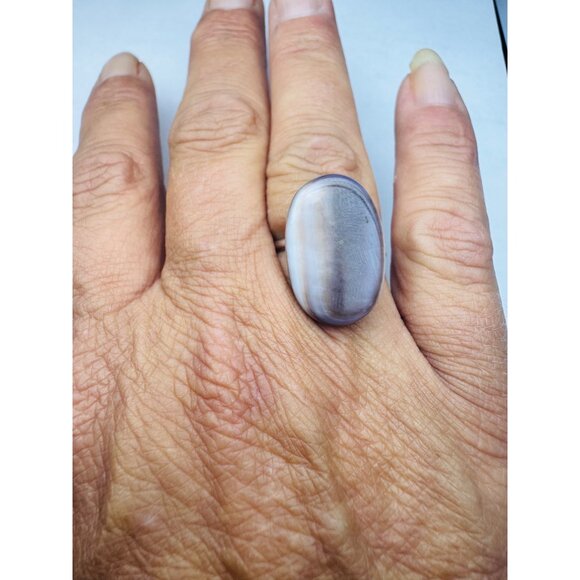 Estate Sterling Silver 925 Ring w/ Large Banded Agate Stone, Size 8, 4.4g - Picture 1 of 9